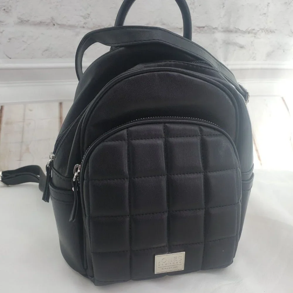 Jones New York Womens Black Leather Quilted Adjustable Shoulder Straps Back Bag